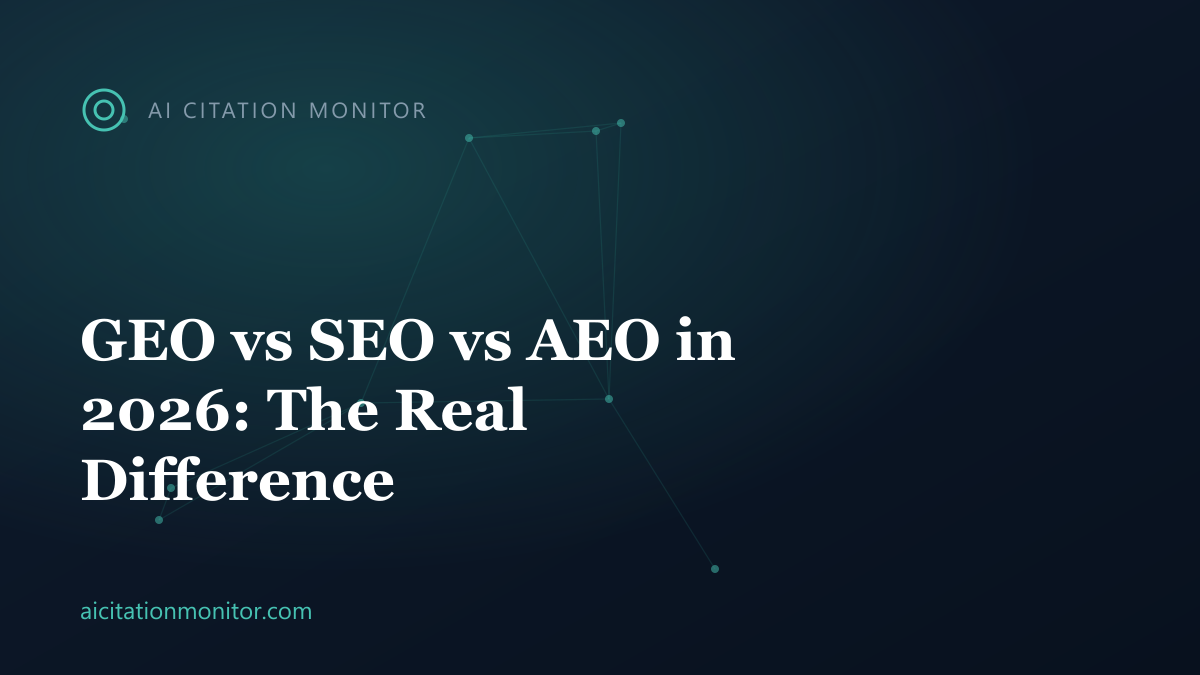 GEO vs SEO vs AEO comparison chart showing AI citation tracking for 2026
