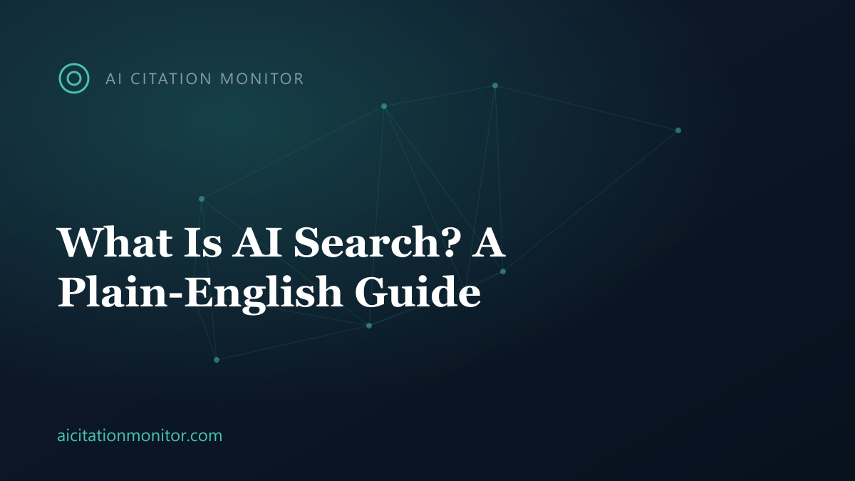 Simple illustration explaining what AI search is, with an answer box citing sources